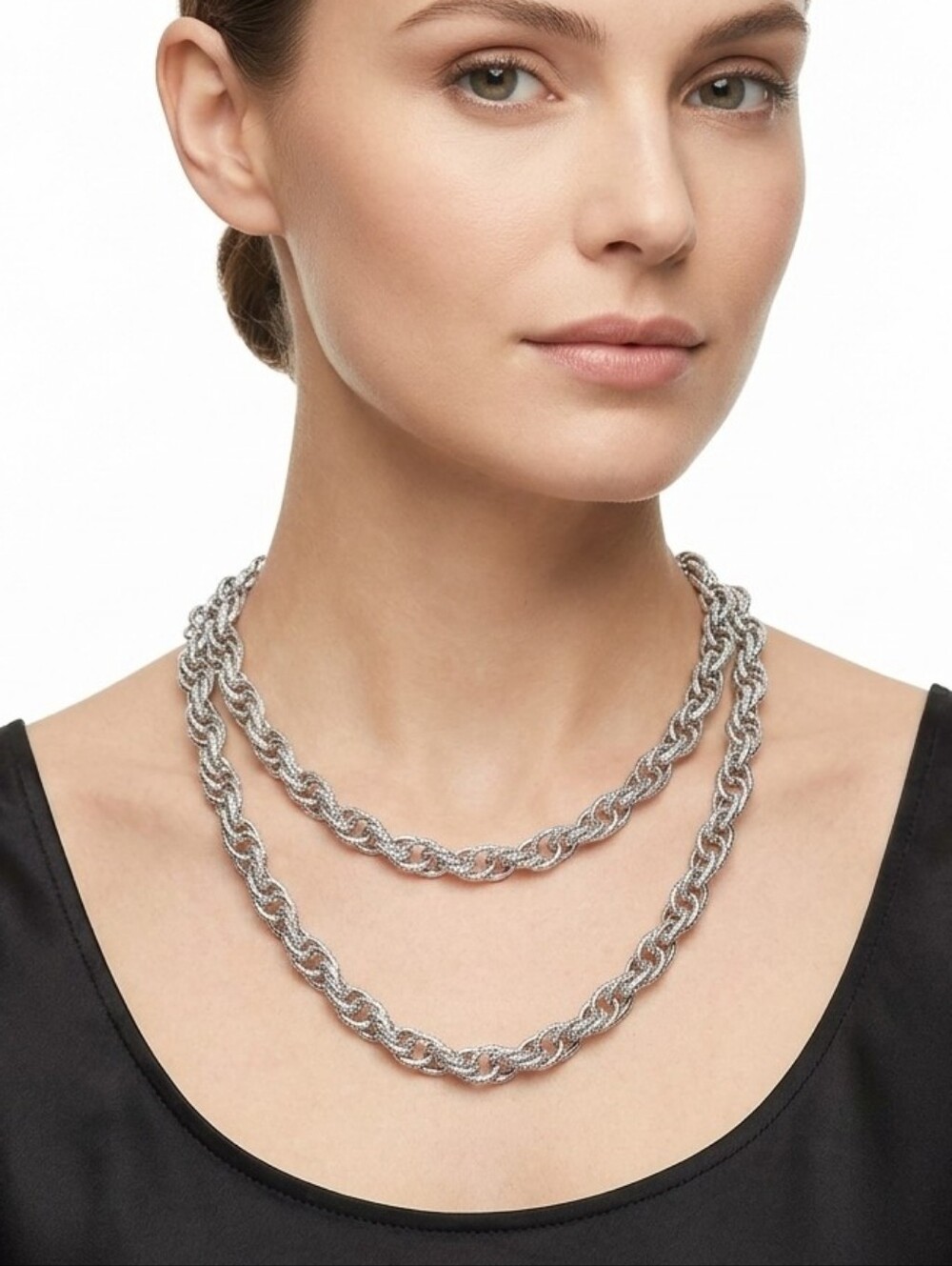White House Black Market Long Silver Tone Chunky Twisted Rope Link Necklace